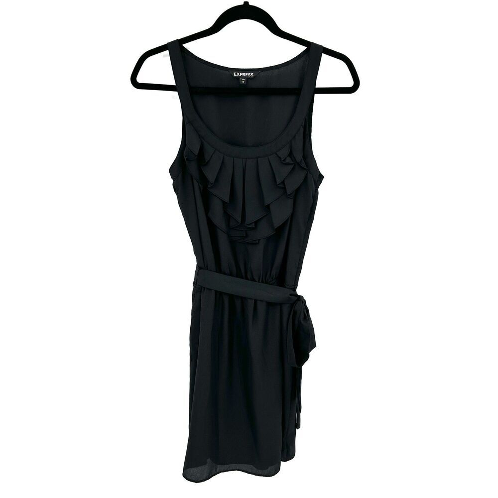 EXPRESS Black Lightweight Ruffle Neck Stretch Waist Tie Mini Dress Size Medium